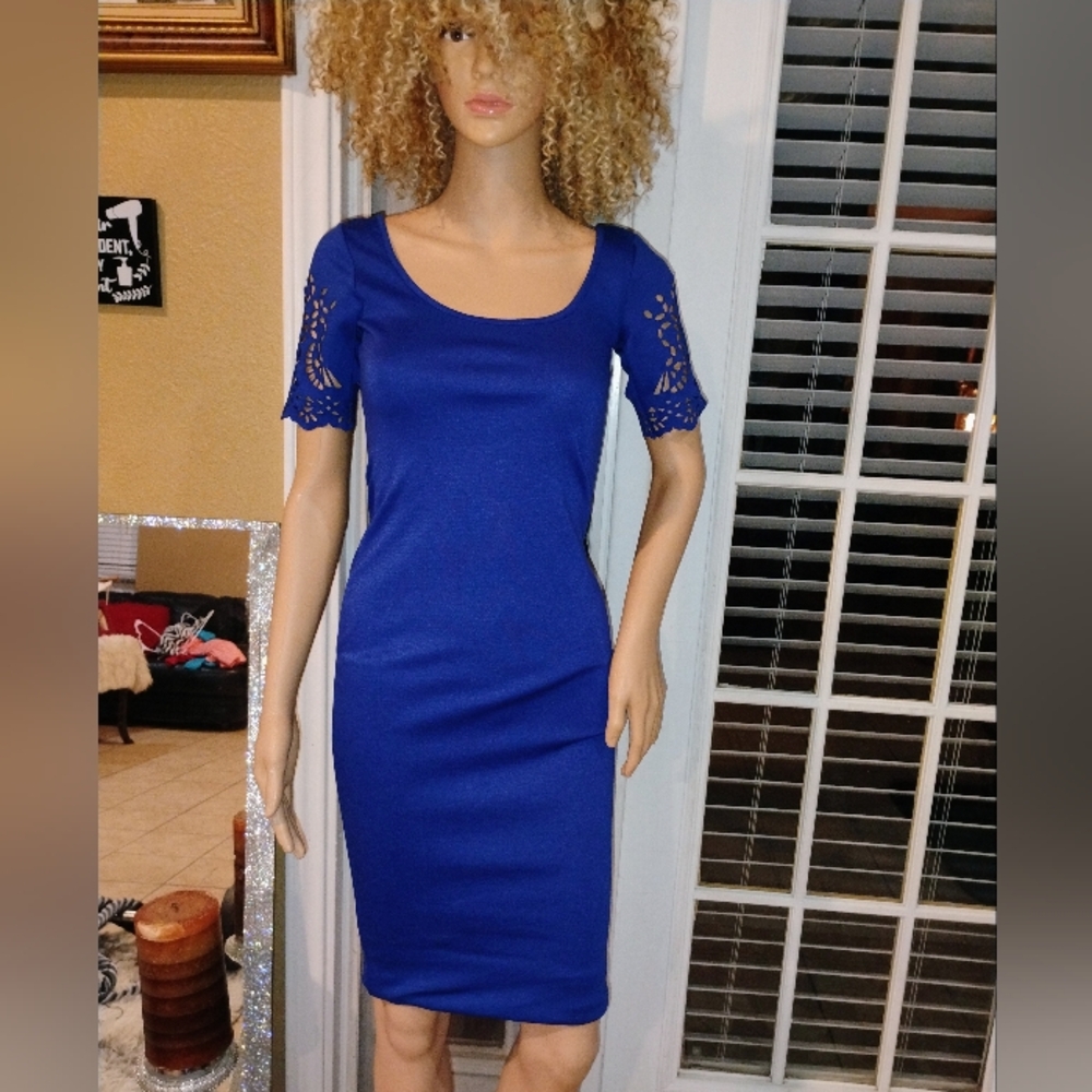 Brand New Elegant Blue Dress with Lace Sleeves